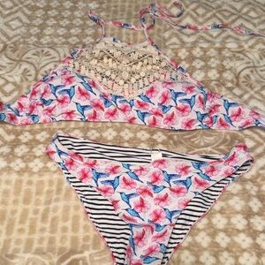Cupshe Pink and Blue Floral Bikini with Crochet Detail